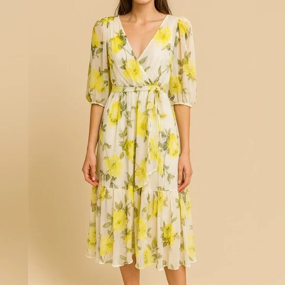Calvin Klein Yellow Floral Chiffon Wrap Midi Dress Womenโs Size 6 - Picture 1 of 8